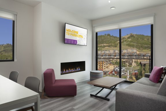 YOTELPAD Park City - 3-bedroom PAD living room area with sofa, SmartTV and fireplace
